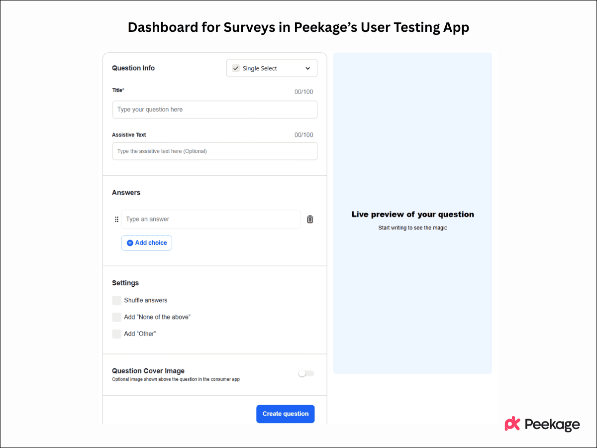 Dashboard for Surveys in Peekage's User Testing App